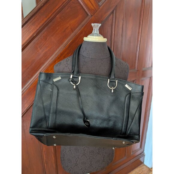 London Fog Black Leather-Like Large Tote Satchel Bag With Silver Hardware & Dual - Picture 1 of 11